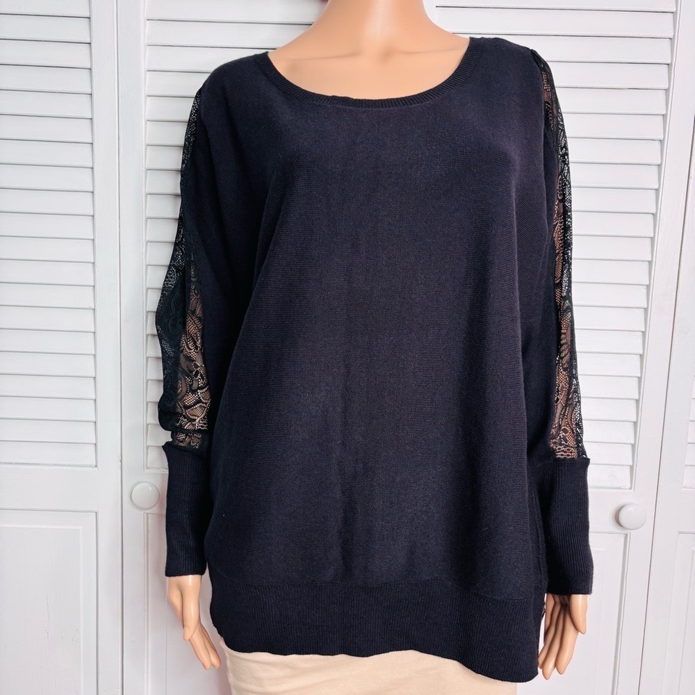 New ALFANI Indulgence Lace Sleeve Detail Sweater in Black Size 1X